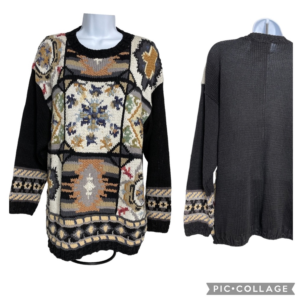 Crystal-Kobe Sweater Chunky Knit Multi Pattern Cabincore Sz M